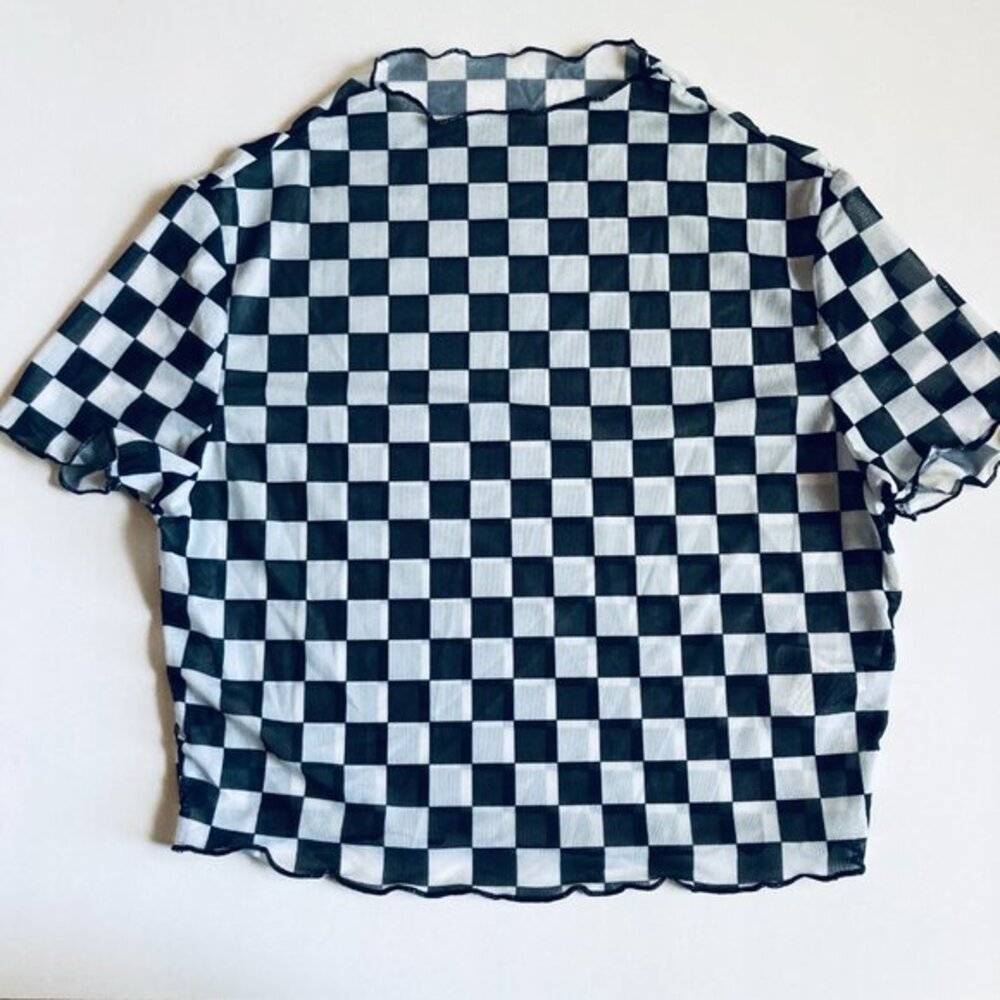 π Black & White Checkered Sheer Mesh Top with Short Sleeves NEW - Picture 1 of 6